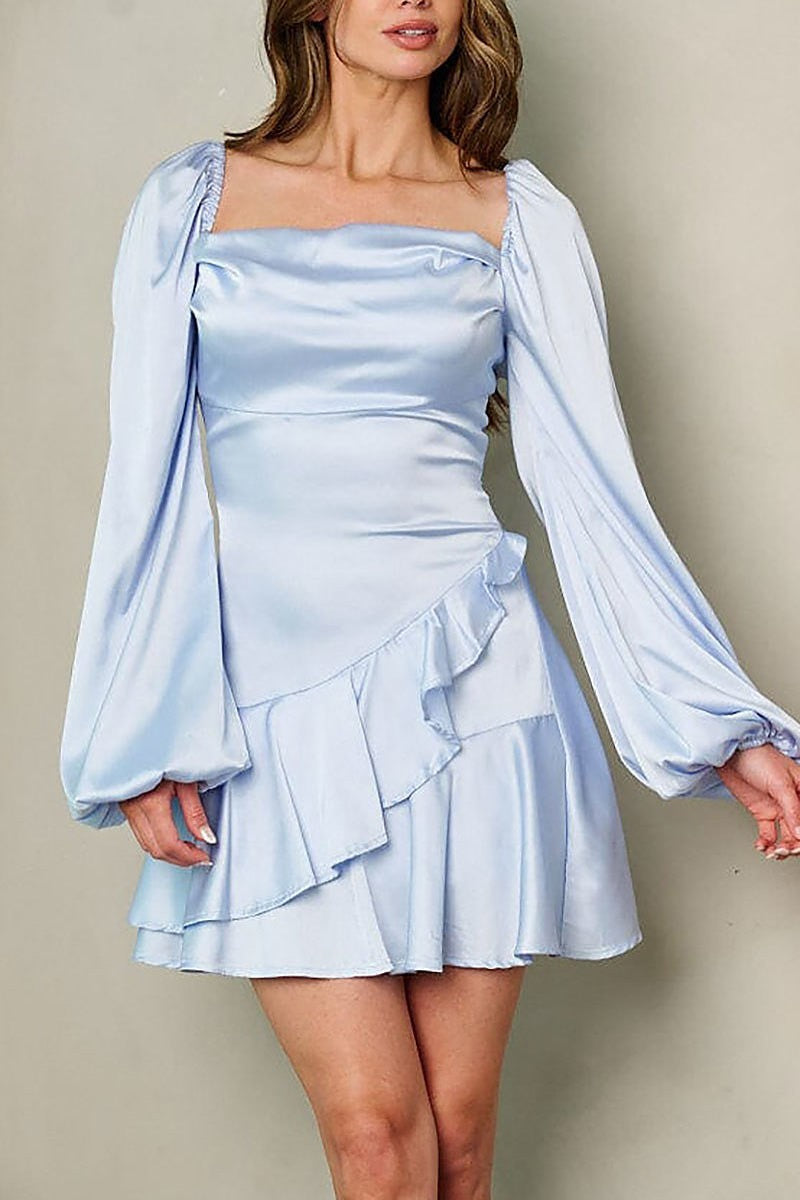 Long puff sleeve square neck satin mini dress (EFWT2590)