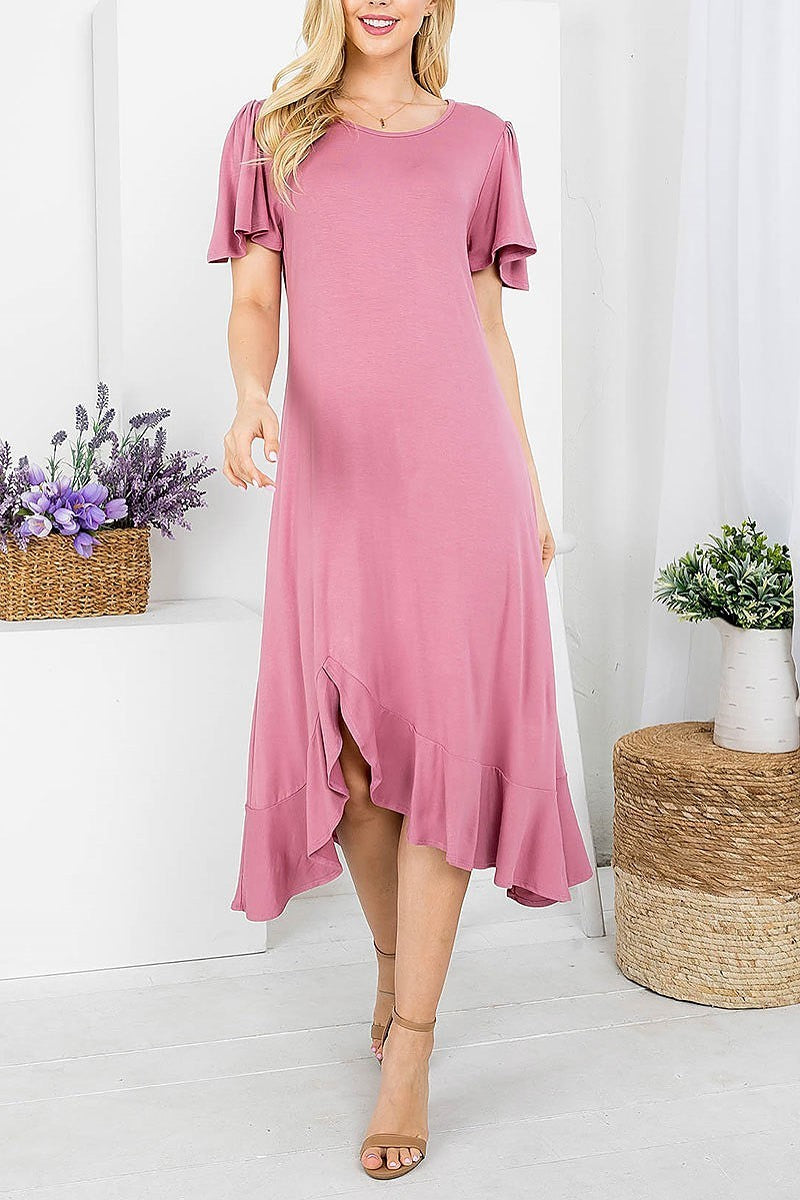 Flutter sleeve aymmetric ruffle hem midi dress (DED7827)