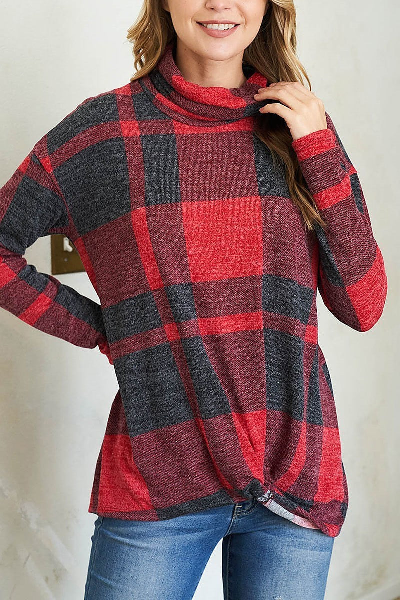 Plaid turtle neck long sleeve top (EF2463)