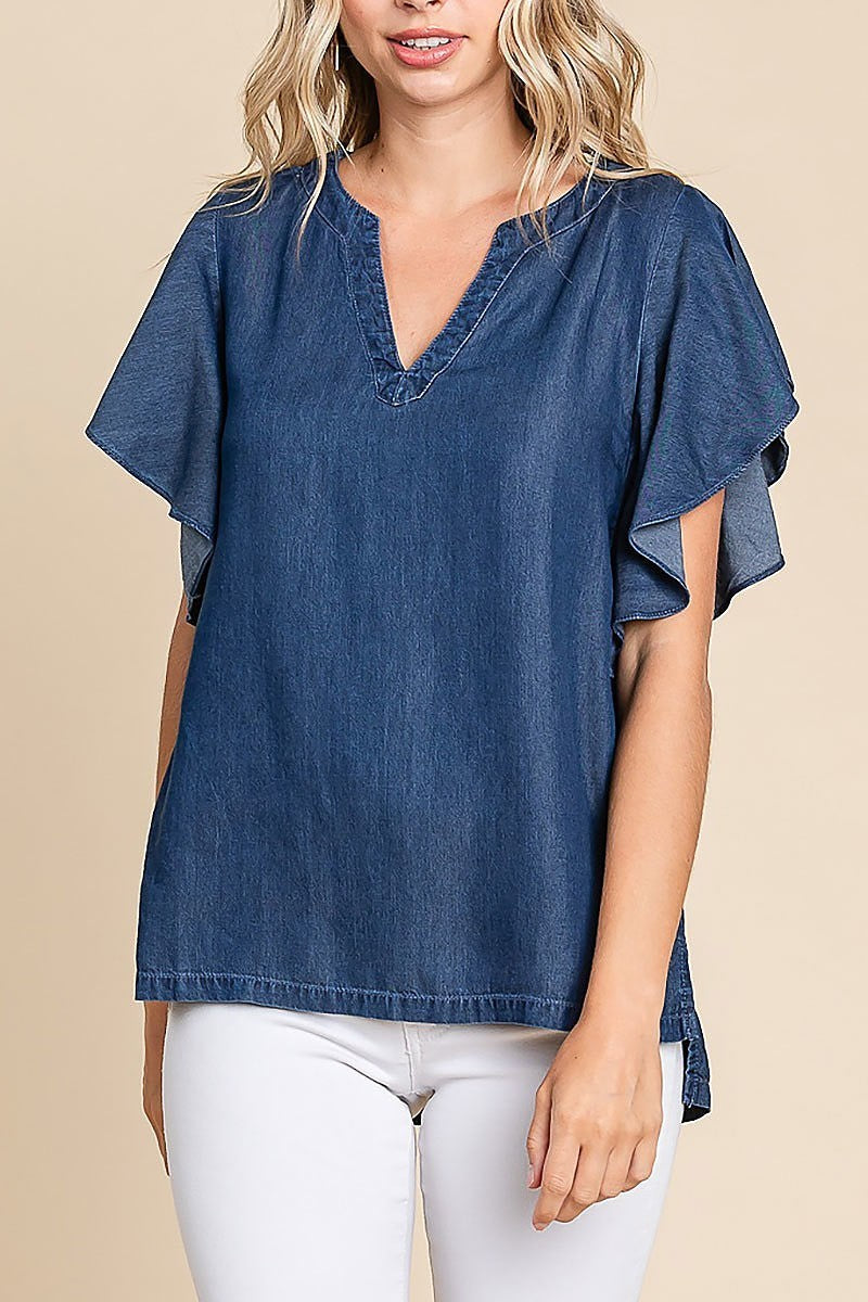 Chambray flutter sleeve top (EDH1625)