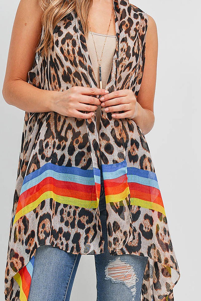 Rainbow stripe animal print asymmetrical hem vest kimono (EF1733)