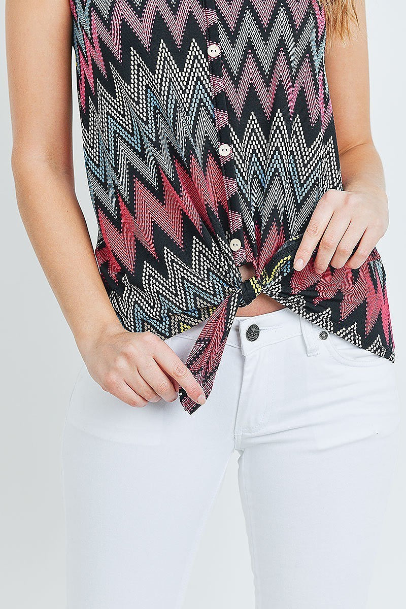 Waist tie button front chevron print top (ED8537-F2RA2)