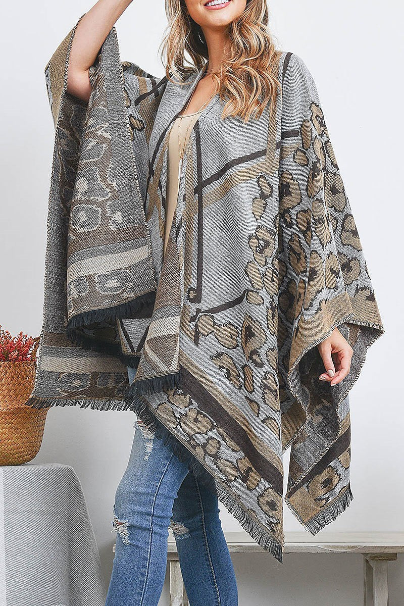 Open front leopard line pattern fringe ruana wrap kimono (DGS5518)