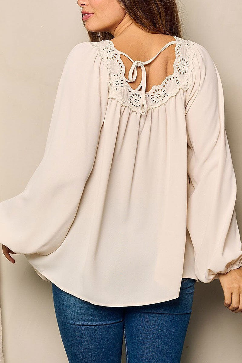 Ballon sleeve eyelet deyailed tunic blouse top (EFWT4815)