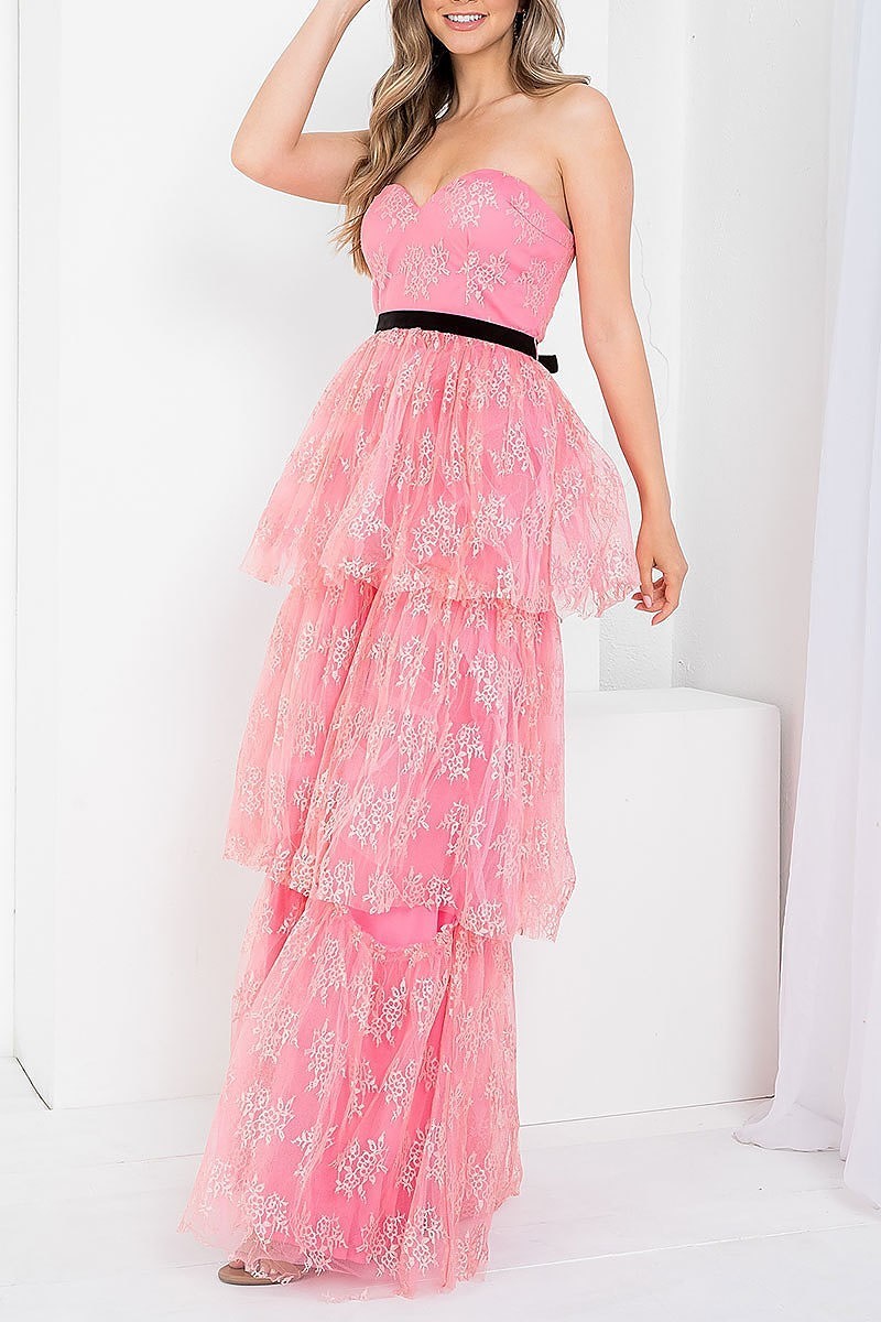 Sweetheart neck tiered layered flroal lace maxi dress (DED7391)