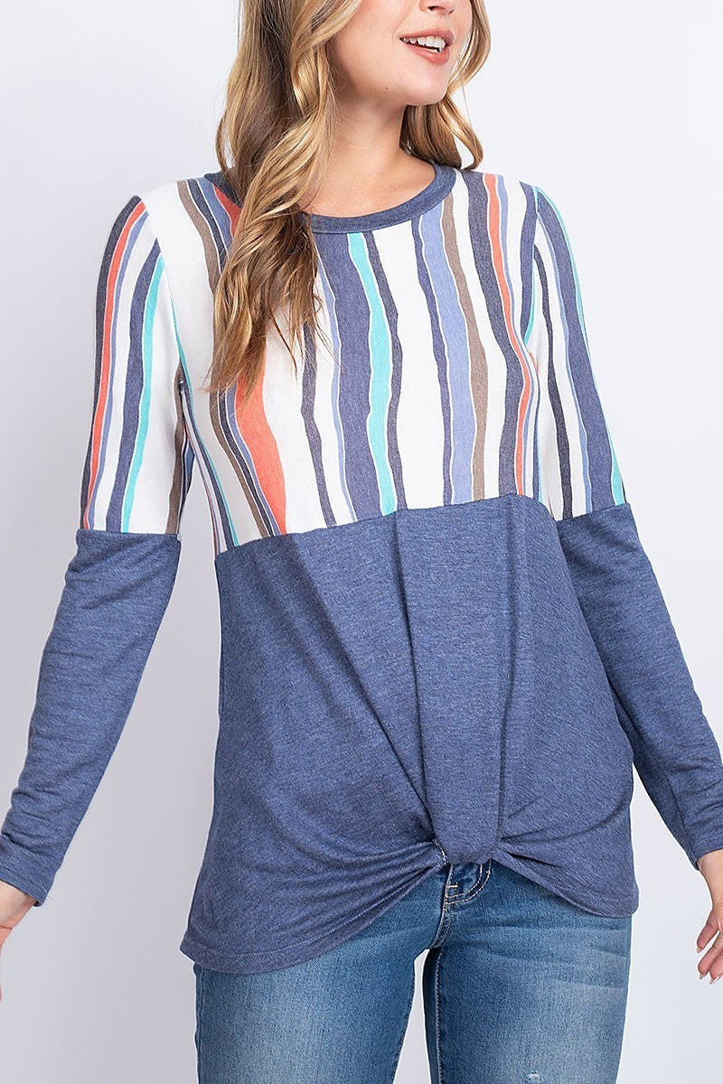 Stripe print twist hem color block top (EF1887)