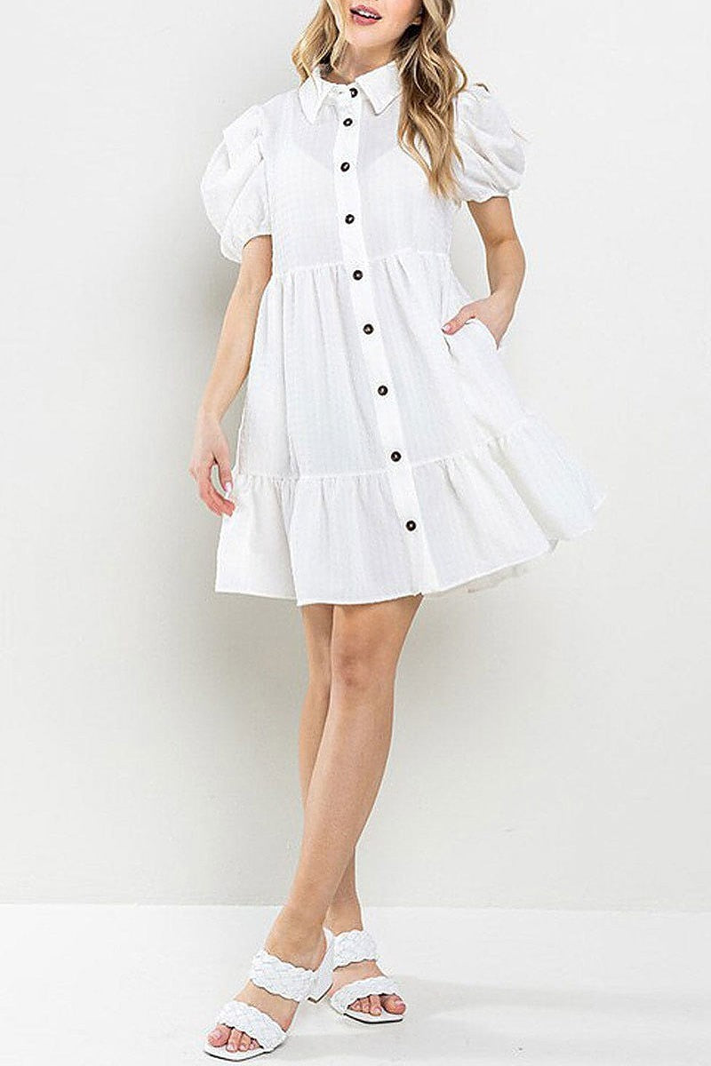 Puff sleeves button up pockets tiered mini dress (EFWT5709)