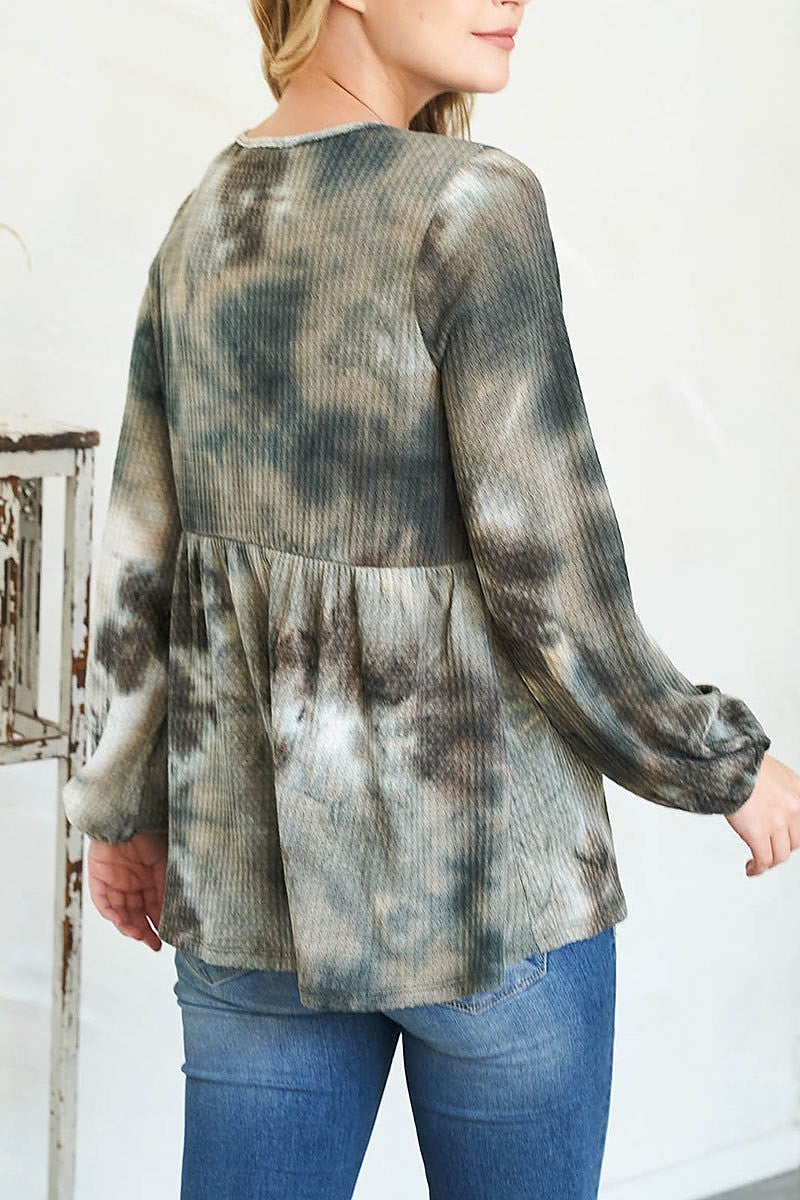 Puff sleeve neckline ribbon detail tie dye waffle top (EF2585)