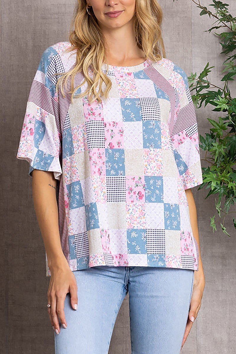 Floral striped patch work over size top (EDSW3333)