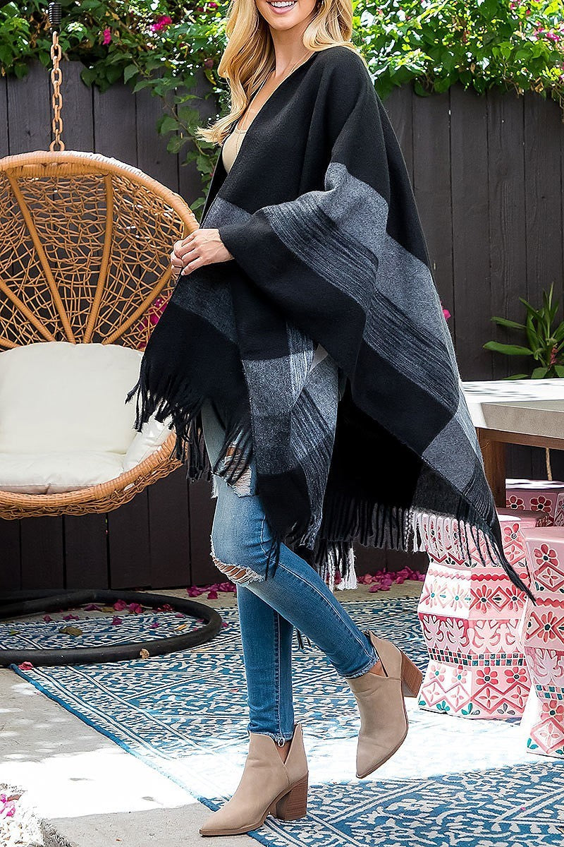 Border line fringe warmer kimono wrap (DGS5837)