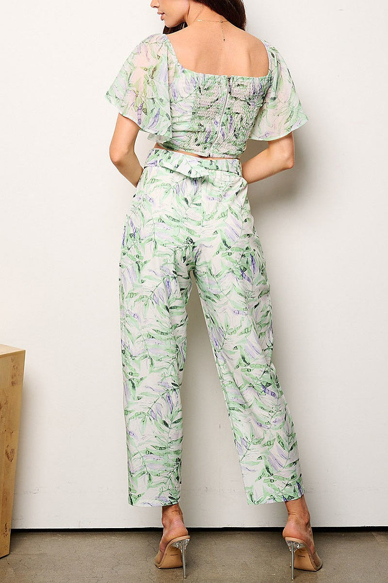 Crop top & belted pockets pants leag print set (EFWT9235)