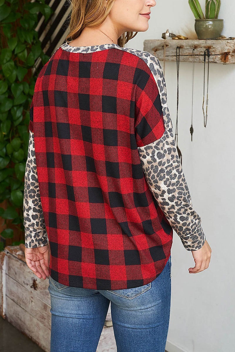 Leopard long sleeve plaid top with sequin pocket (EF2396)