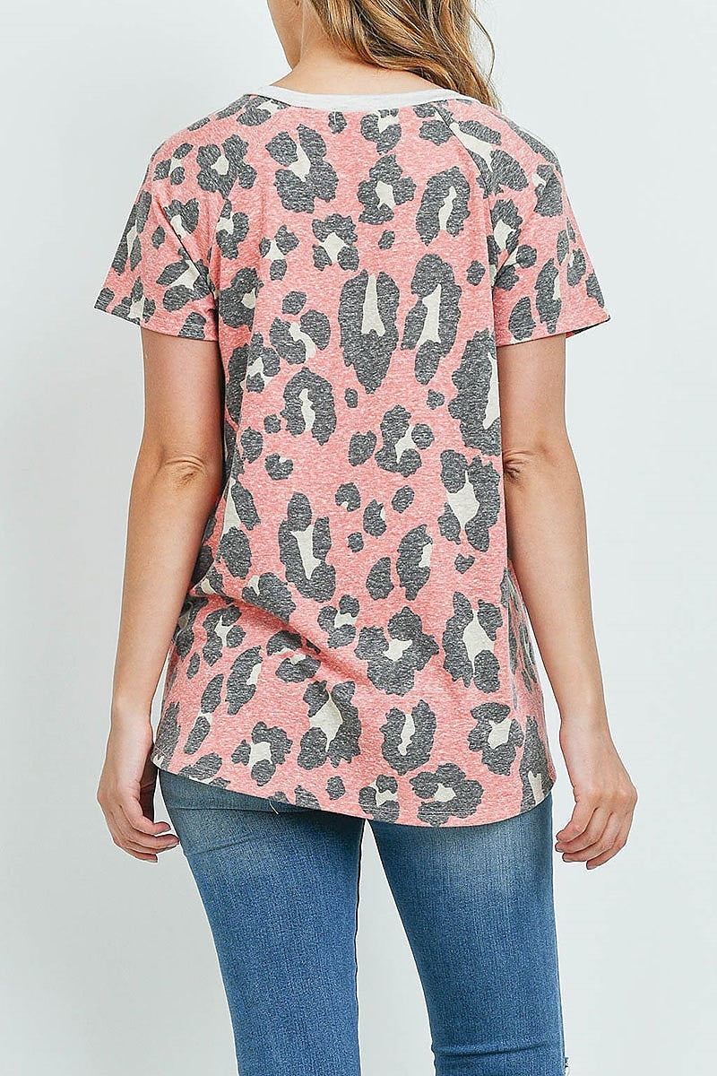 Jersey leopard contrast v neck top (ED9879)