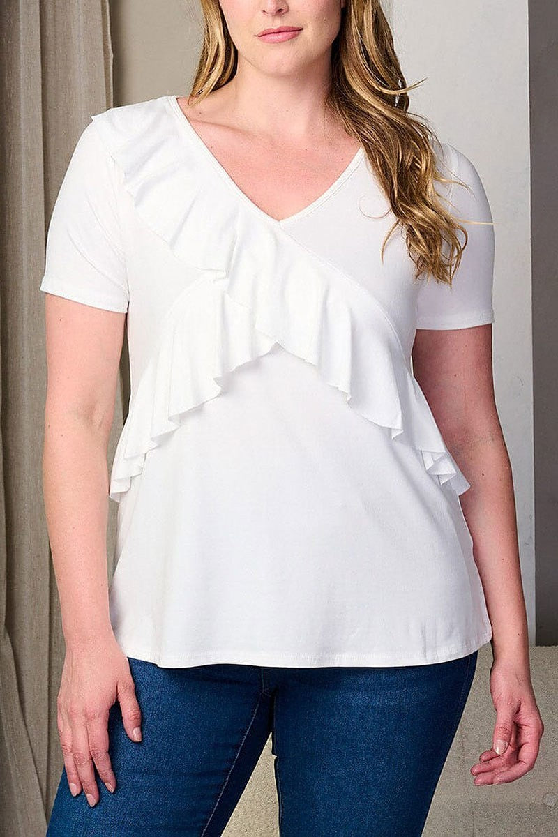 Short sleeve v-neck ruffle detailed tunic top (EFWT8206)