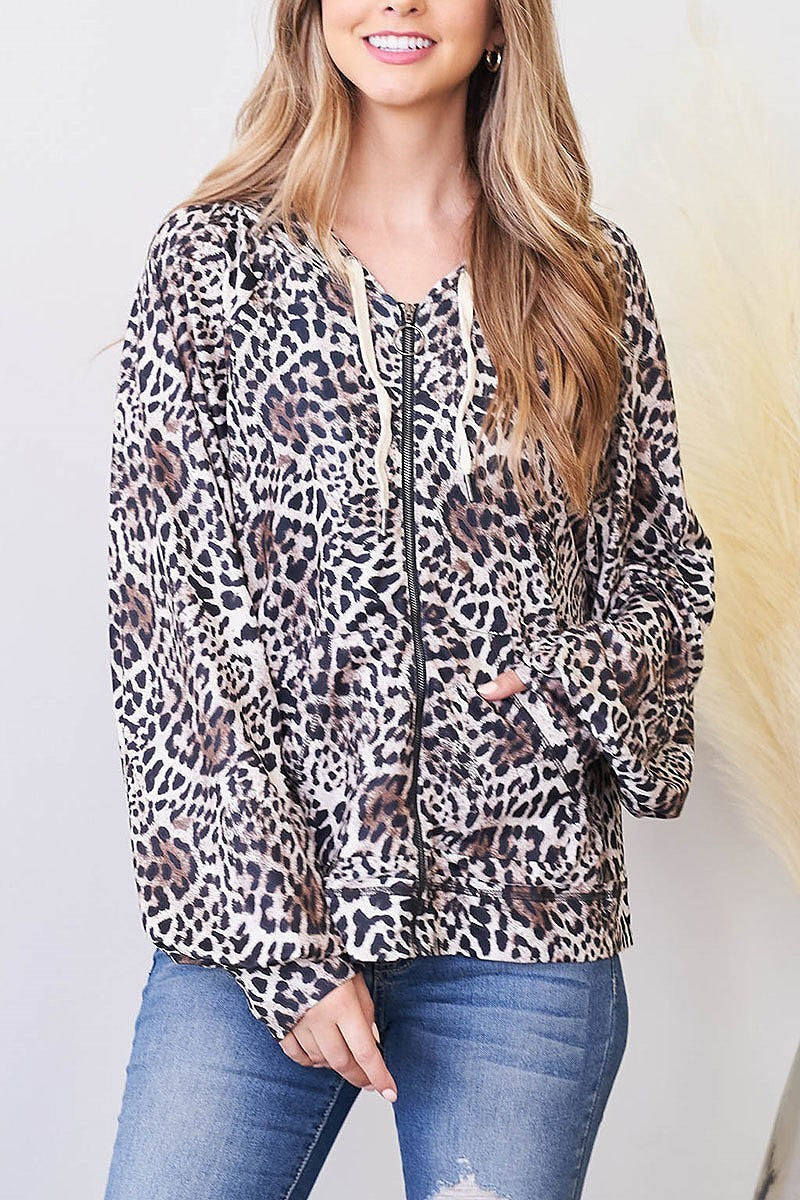 Zipper front leopard print hoodie jacket (DGS5528)