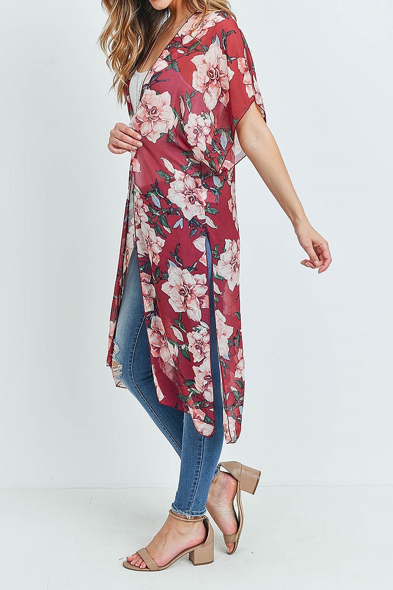 Short sleeve floral print slit hem kimono (ED8867-1)