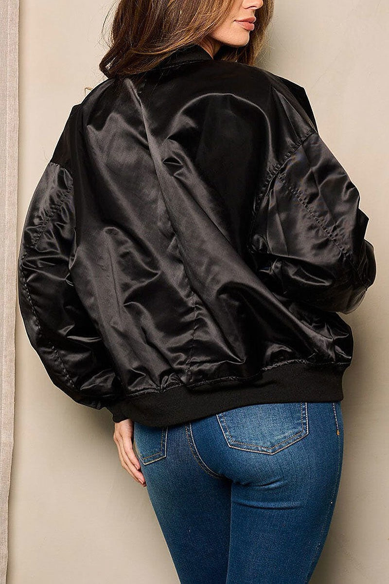 Long sleeve zip up pockets satin bomber jacket (EFWT4941)