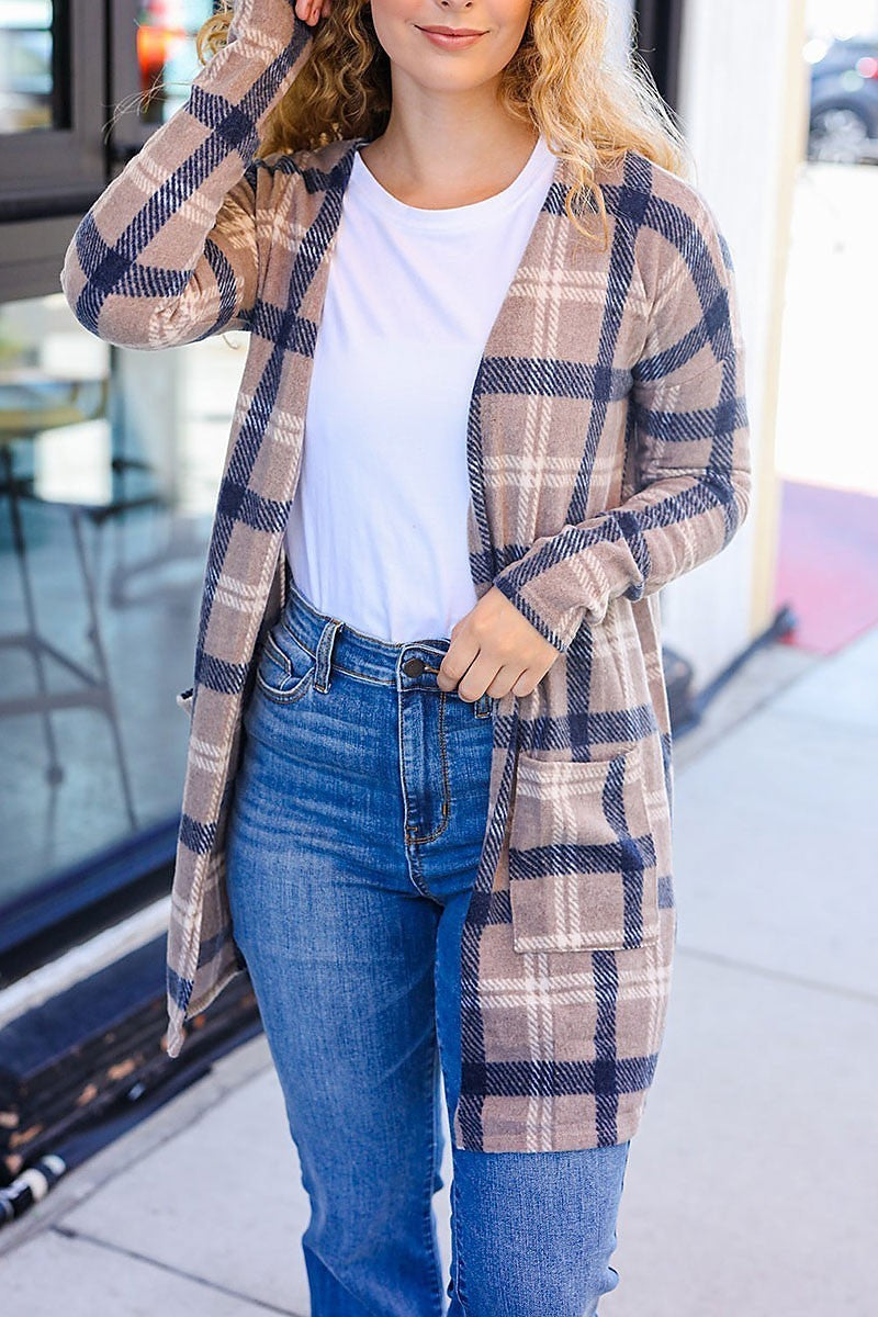 Plaid pocketed cardigan (ETBM6159)