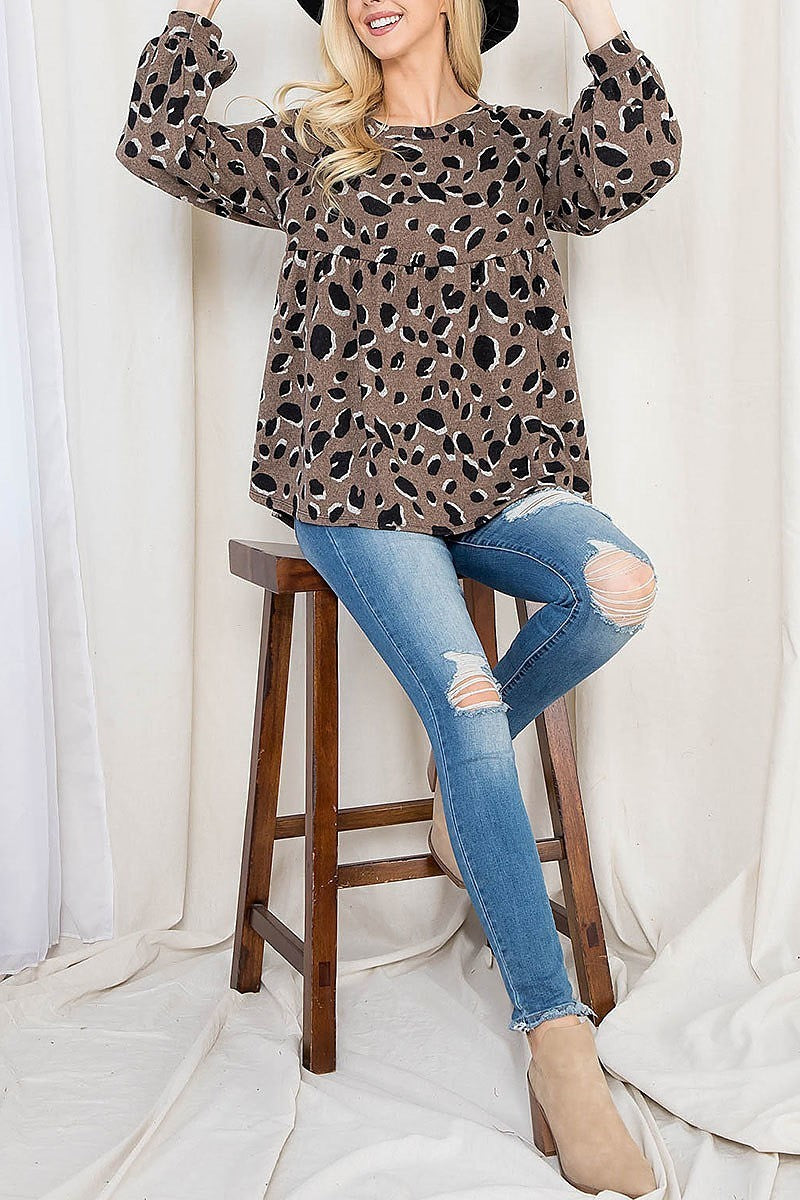 Puff sleeve leopard shirring top (EF2888)