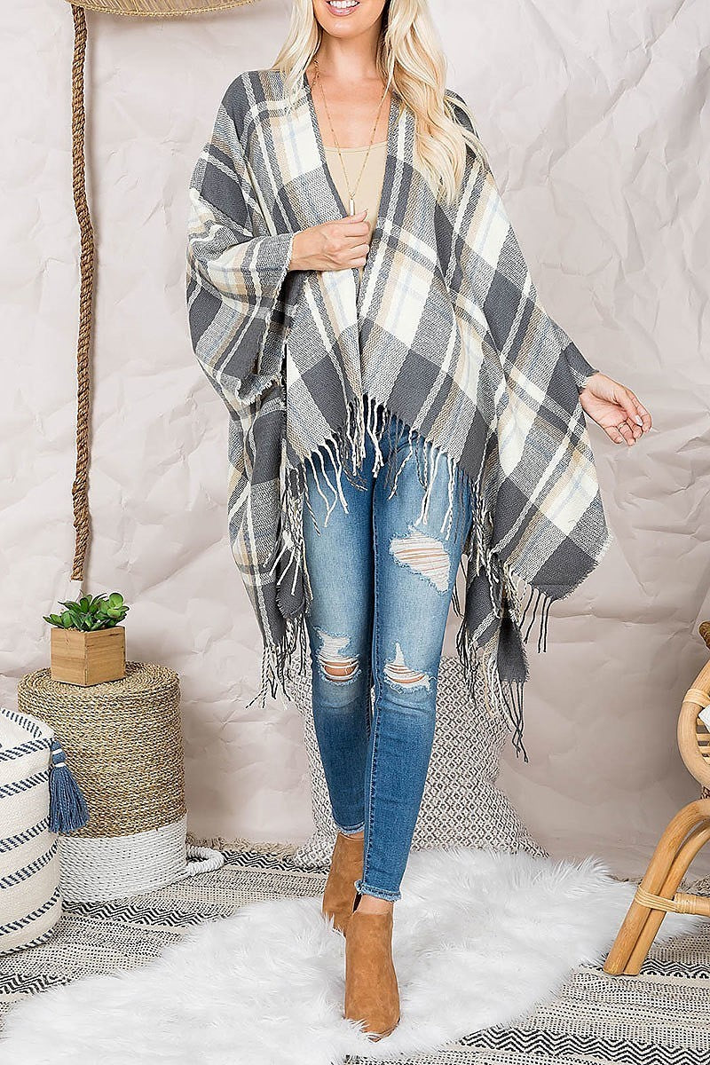 Plaid open front fringe ruana kimono (DGS5555)