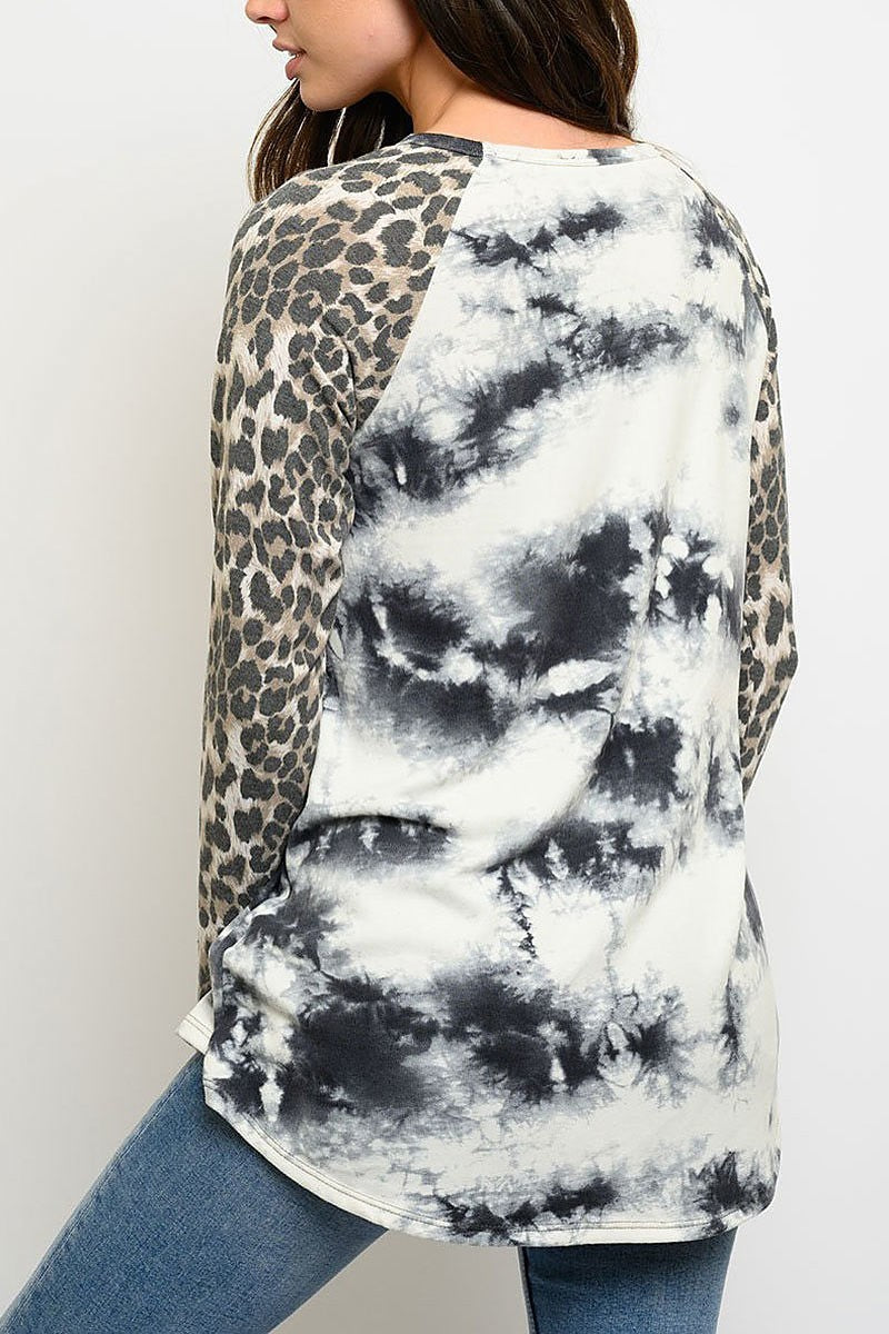 Long sleeve animal print tie dye contrast top (EDWT3430)