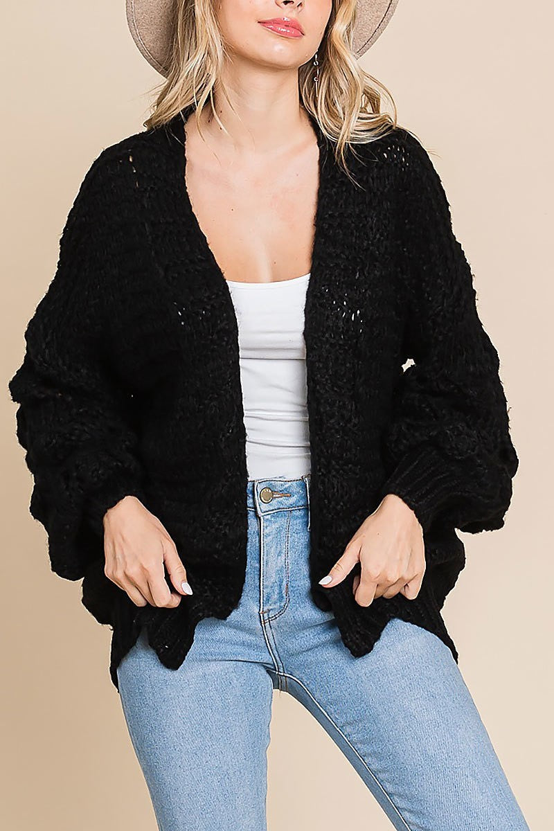 Open front cardigan with popcorn bubble sleeves (EDH1976)