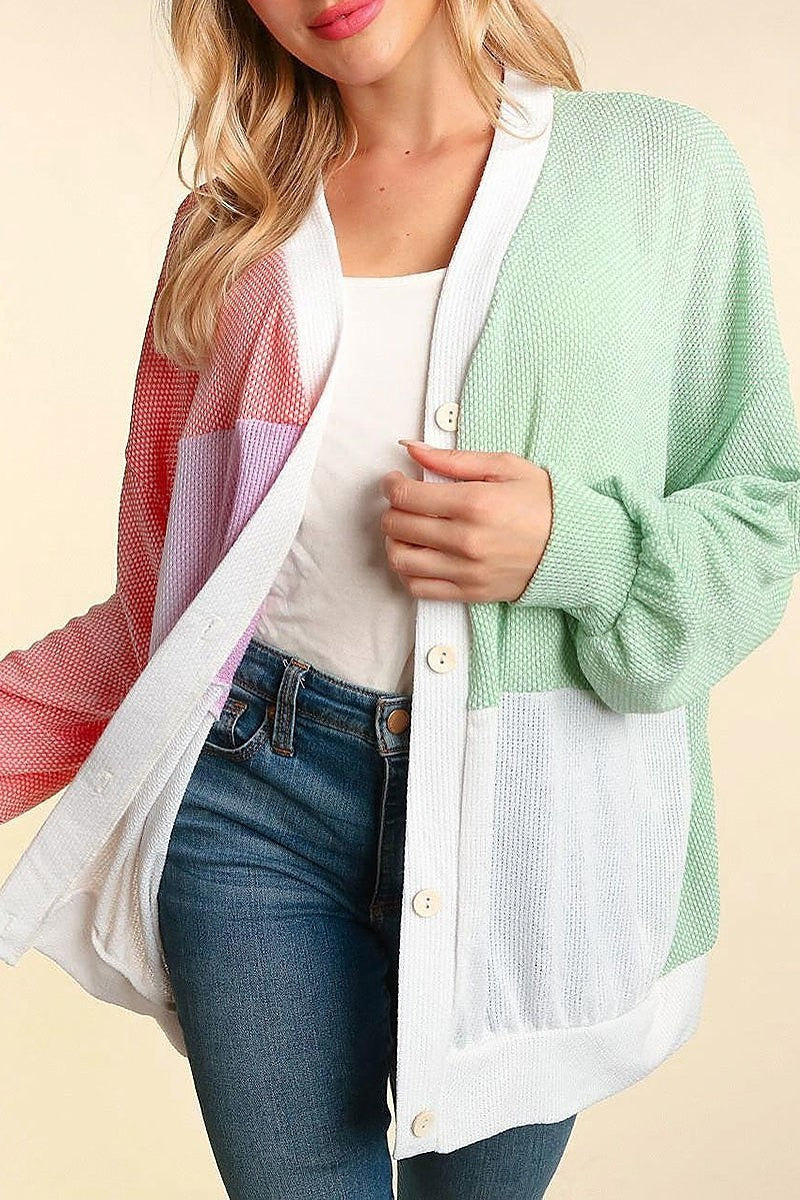 Color block oversized button down cardigan (ETBM4420)