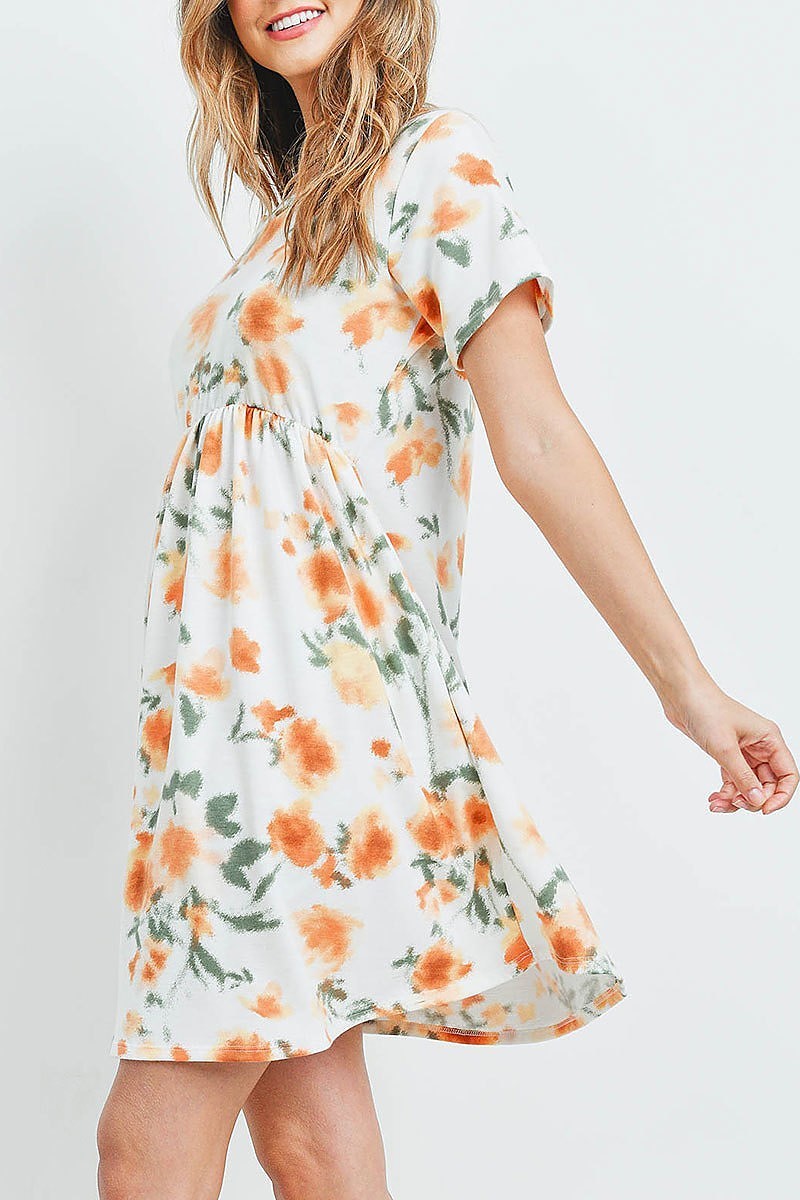 Painterly floral print short sleeves dress (DED6047)