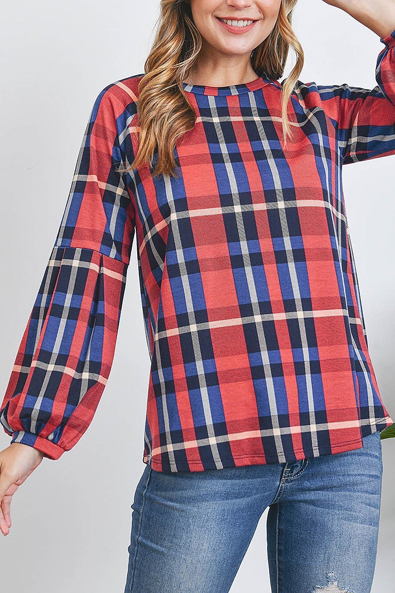 Puff sleeve crew neck plaid top (EF2399-1)