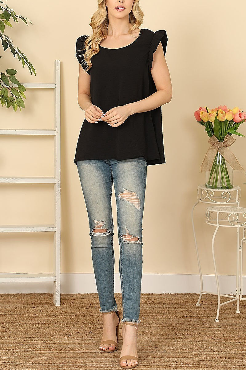 Ruffle sleeve round neck solid top (EF7471)