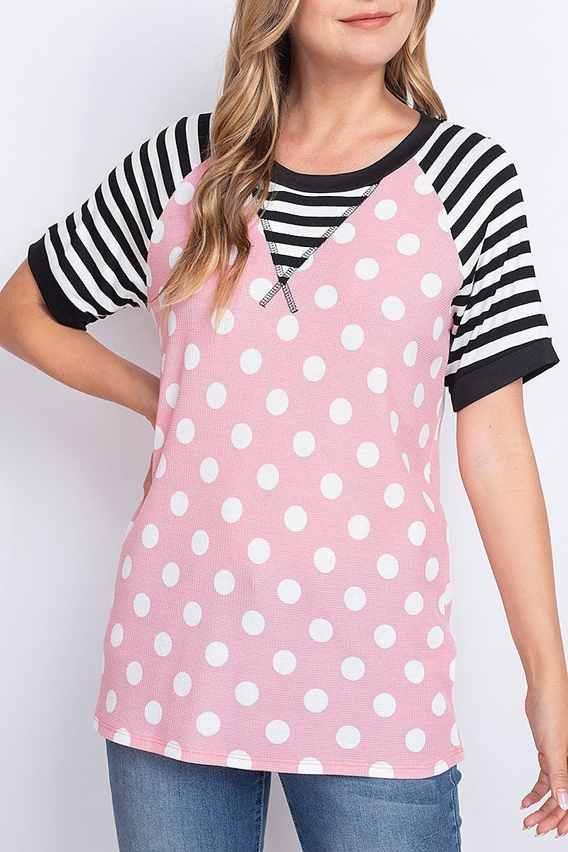 Thermal polka dot stripes neck and sleeve top (EF1965)