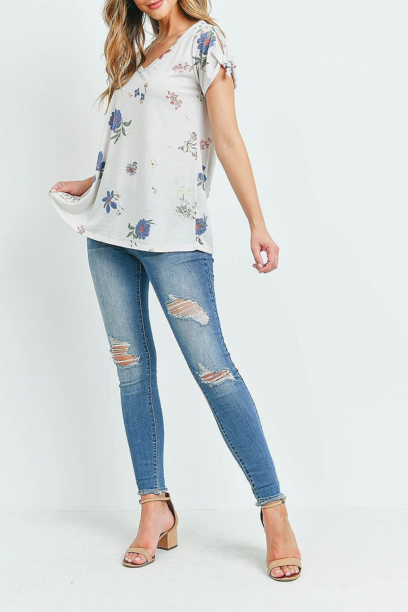 V neck floral print tie sleeve top (ED9346-1)