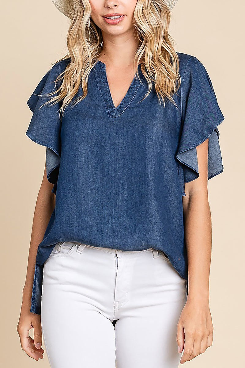 Chambray flutter sleeve top (EDH1625)