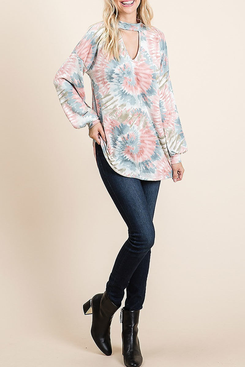 Tie dye keyhole neck bubble sleeve top (EF5039)