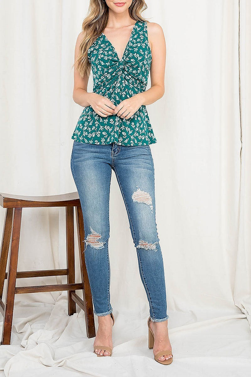 Ruched floral print v neck top (EF2606)