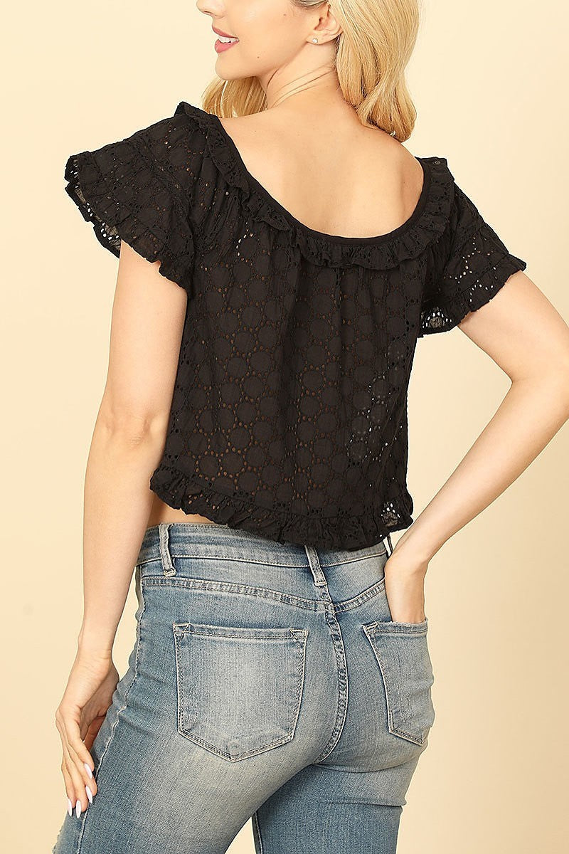 Short ruffle sleeve eyelet detail crop top (EF7486)