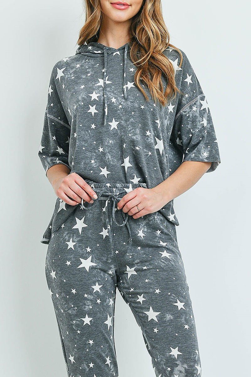 Star print hoodie top and pants set (ED9403)