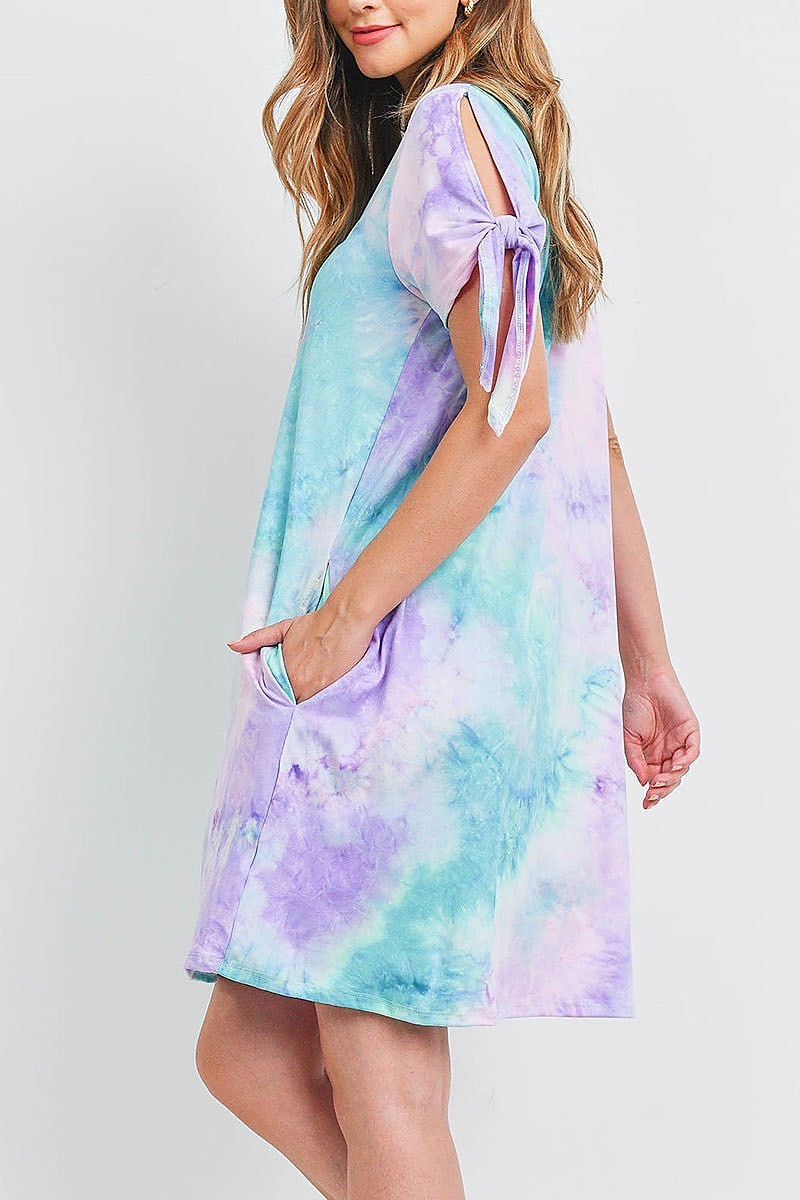 Tie sleeve round neck tie dye dress with inseam pocket (DED6587)