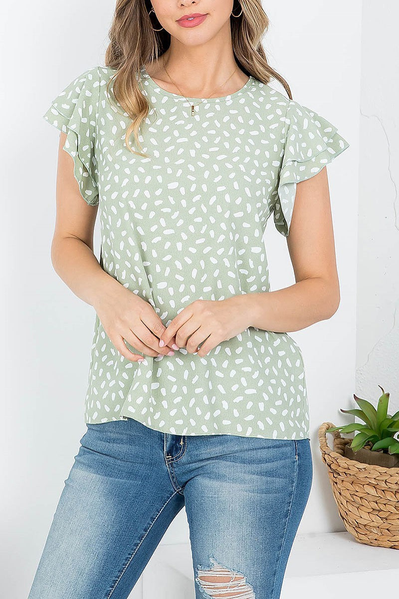 Printed butterfly sleeve round neck top (EF4374)