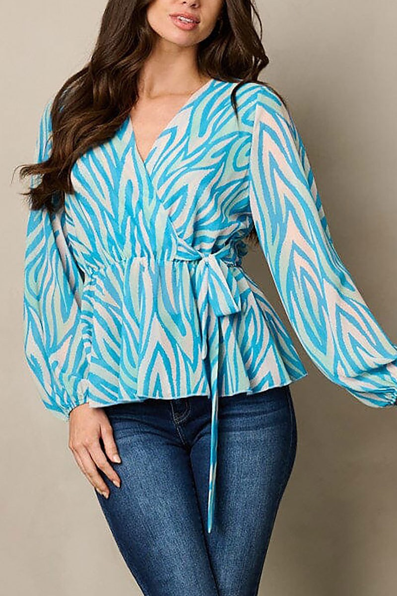 Long sleeve surplice self tie printed blouse top (EFWT1837)