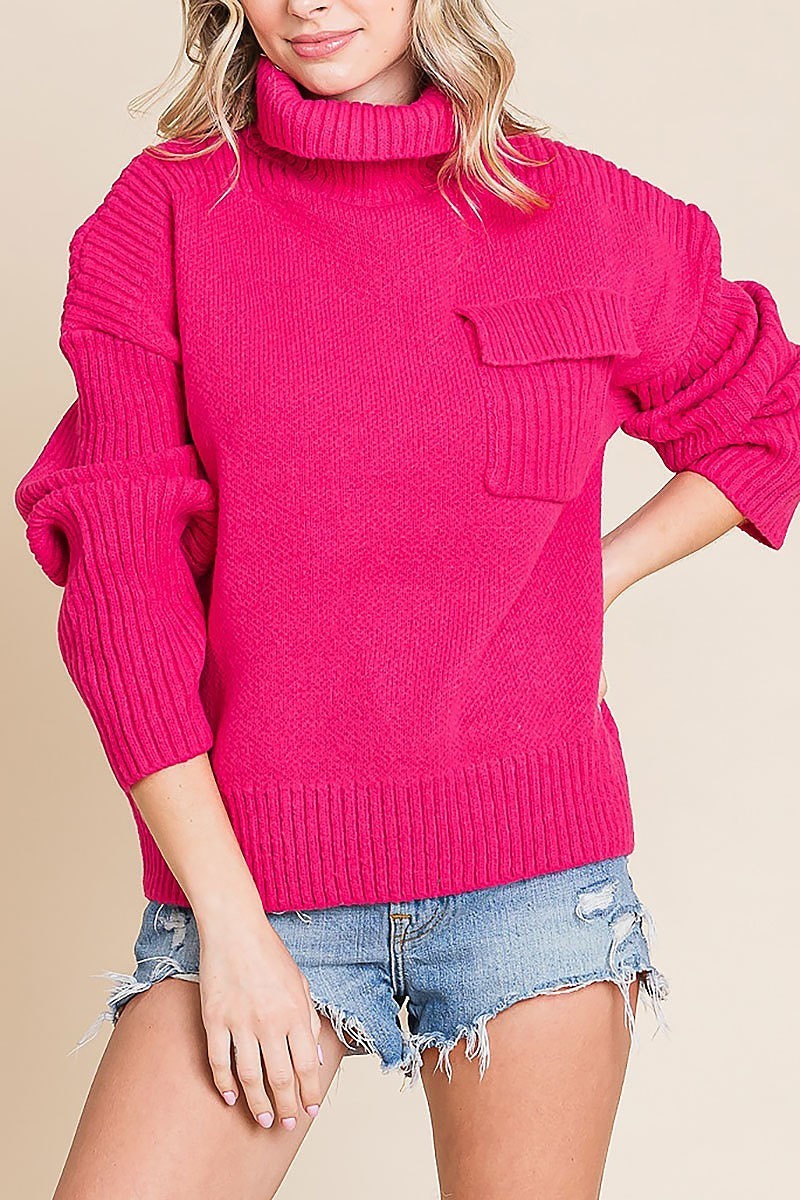 Oversized ribbed knit sweater w/ chest pocket (EDH1929-2)