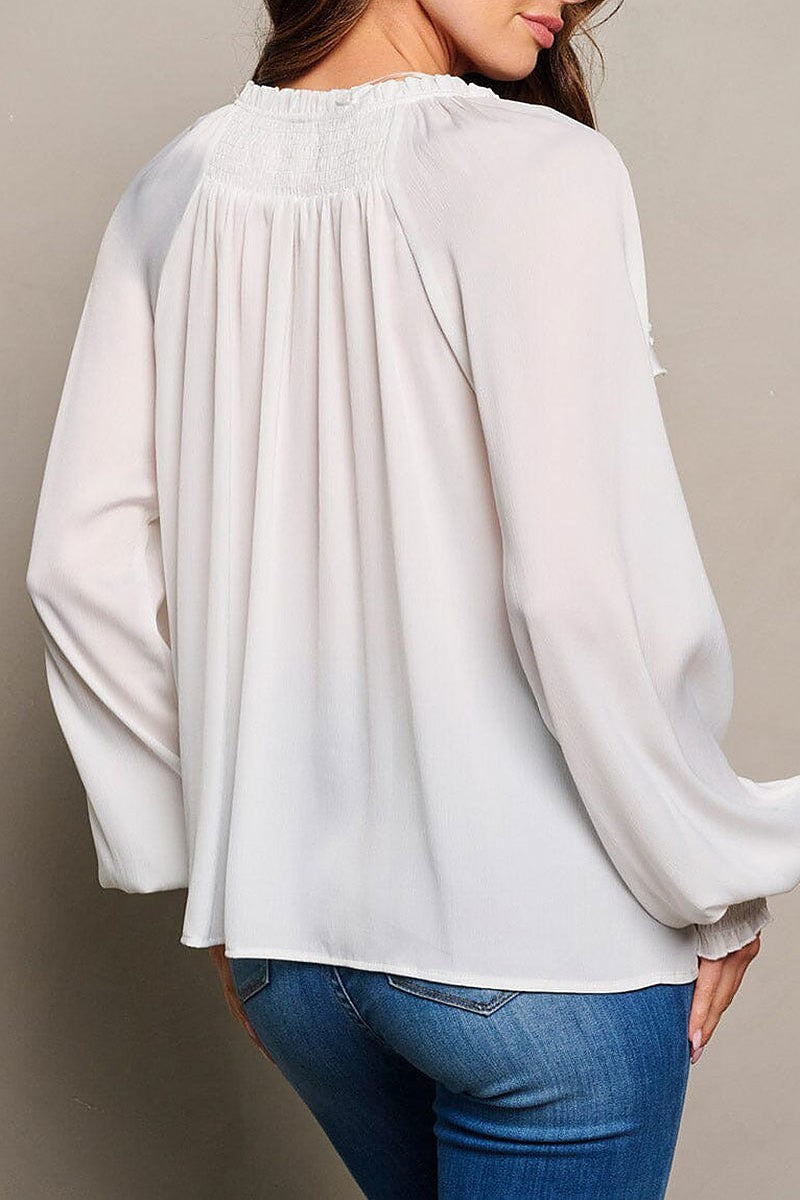 Long sleeve v-neck ruffle blouse top (EGWT1714)