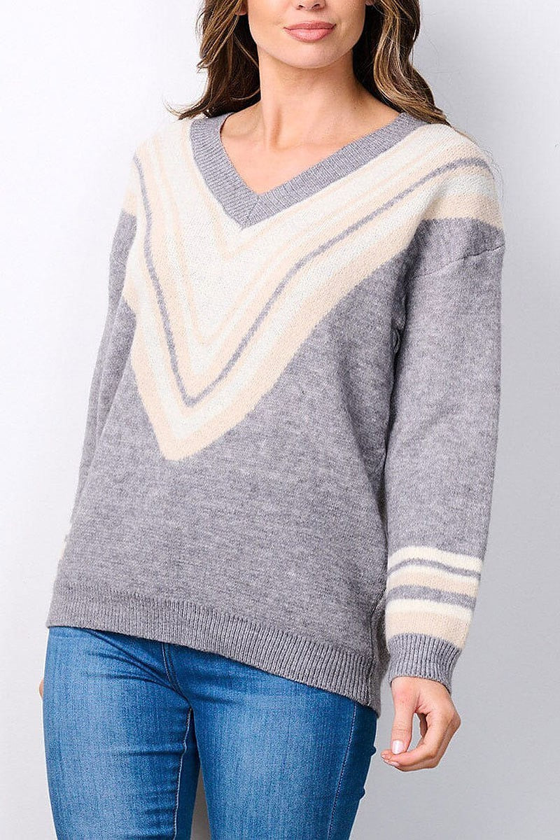 Long sleeve v-neck chevron print sweater (EFWT7496)