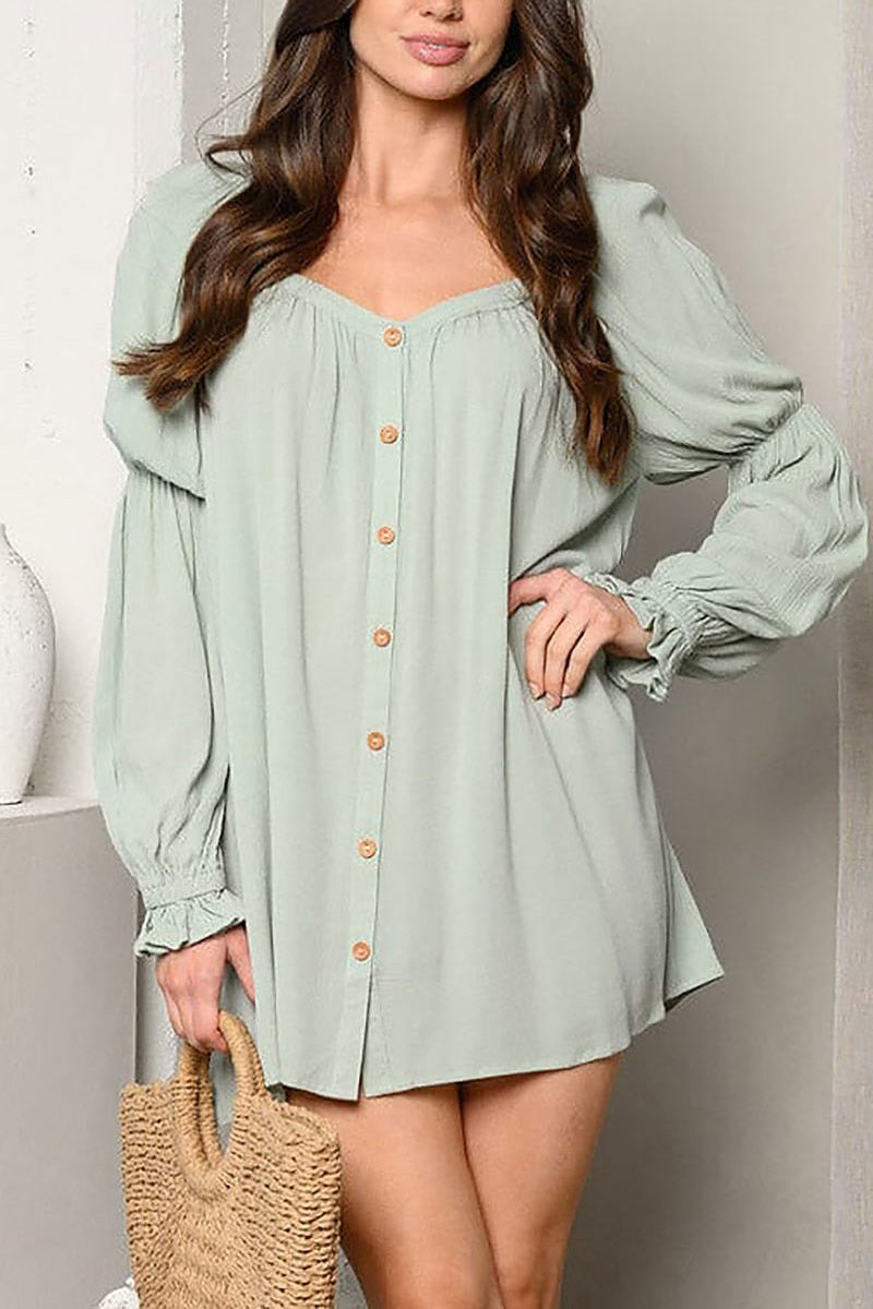 Long sleeve button up tunic mini dress (EDWT9758)