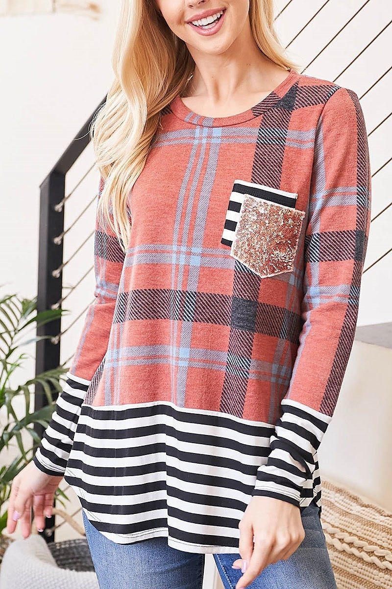 Plaid stripes contrast sequin stripes pocket top (EF2586)