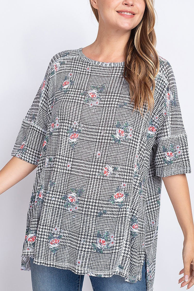 Floral and plaid loose fit top (EF1908)