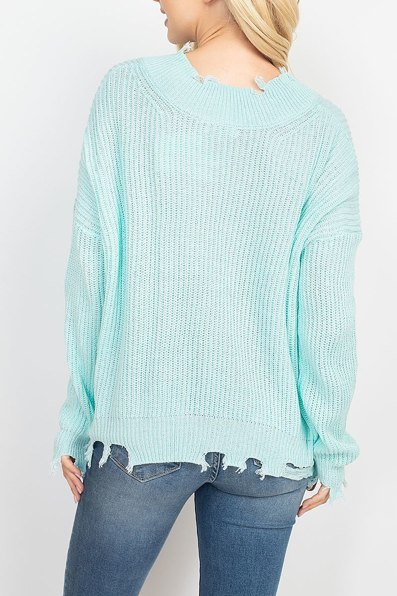 Distressed detail v neck ribbed knit sweater (DGS5290)