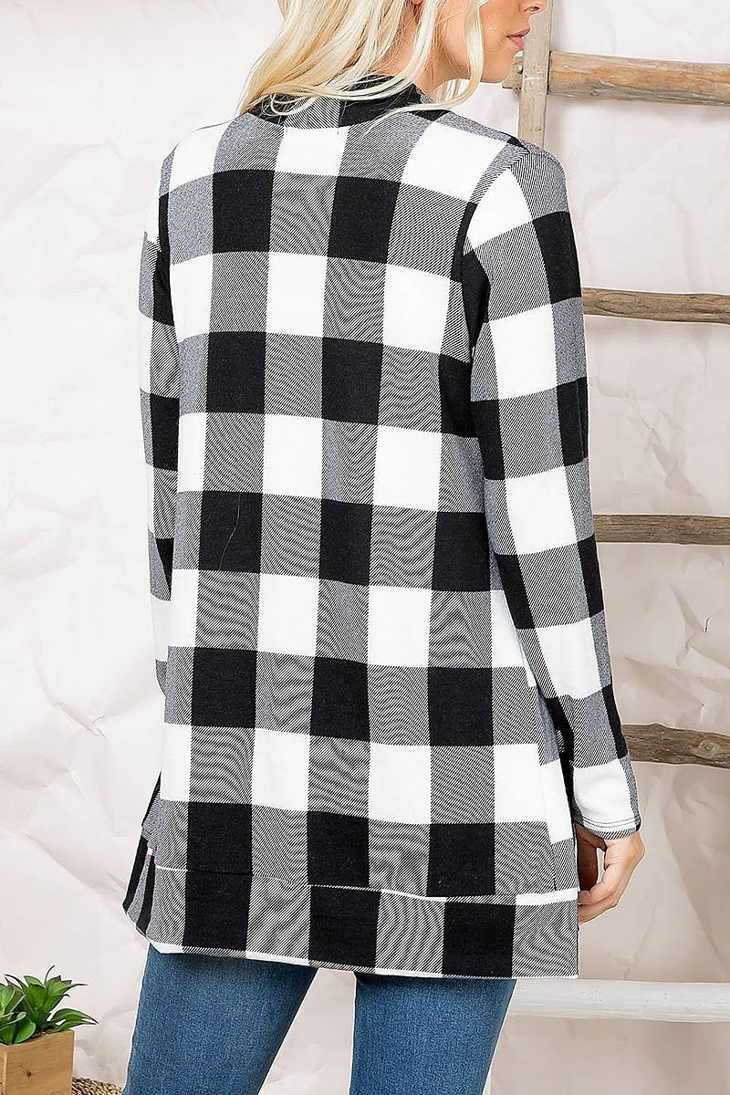 Plaid long sleeve open front pocket cardigan (DGS5488)