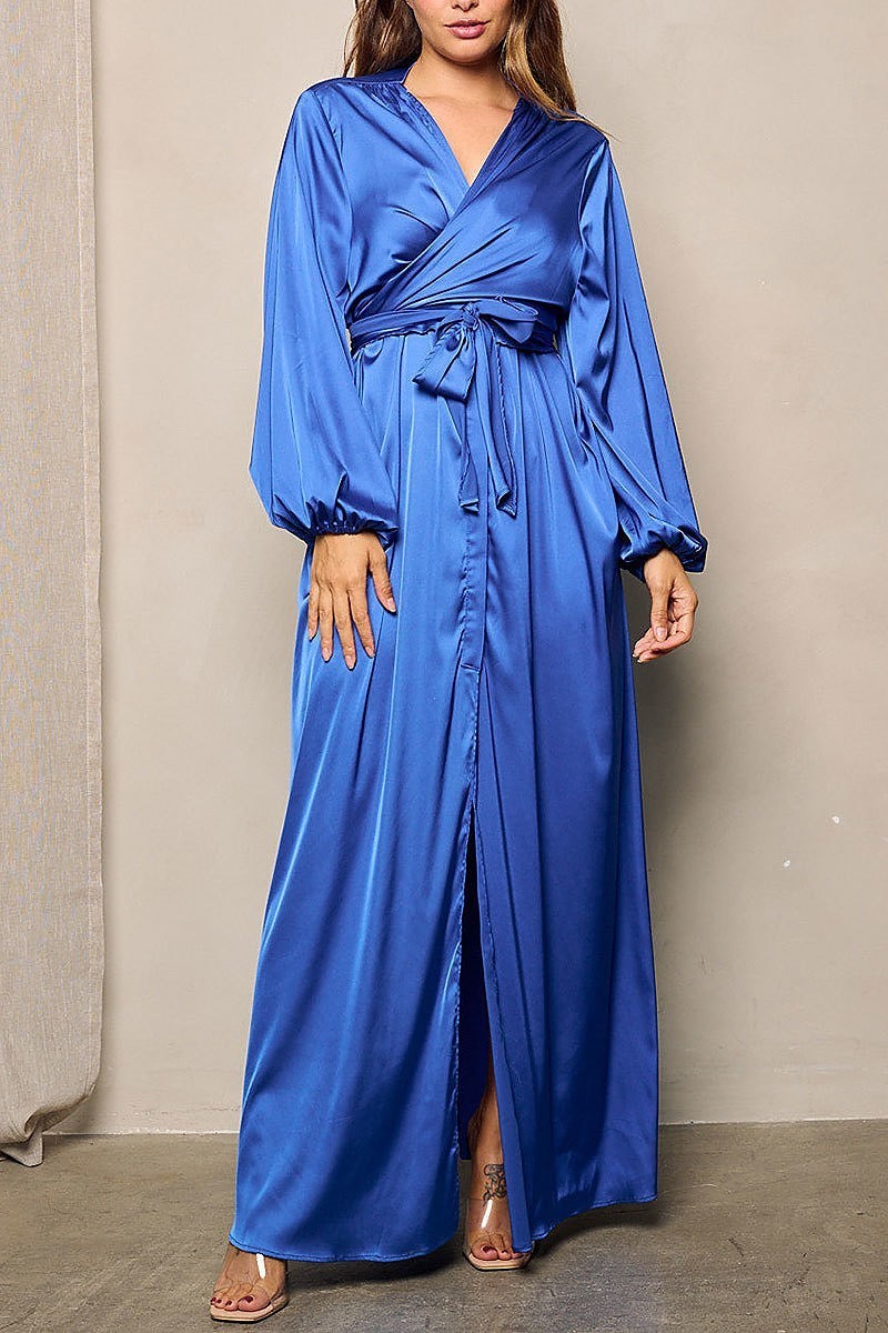 Long sleeves self tie wrap maxi dress (EFWT4384)