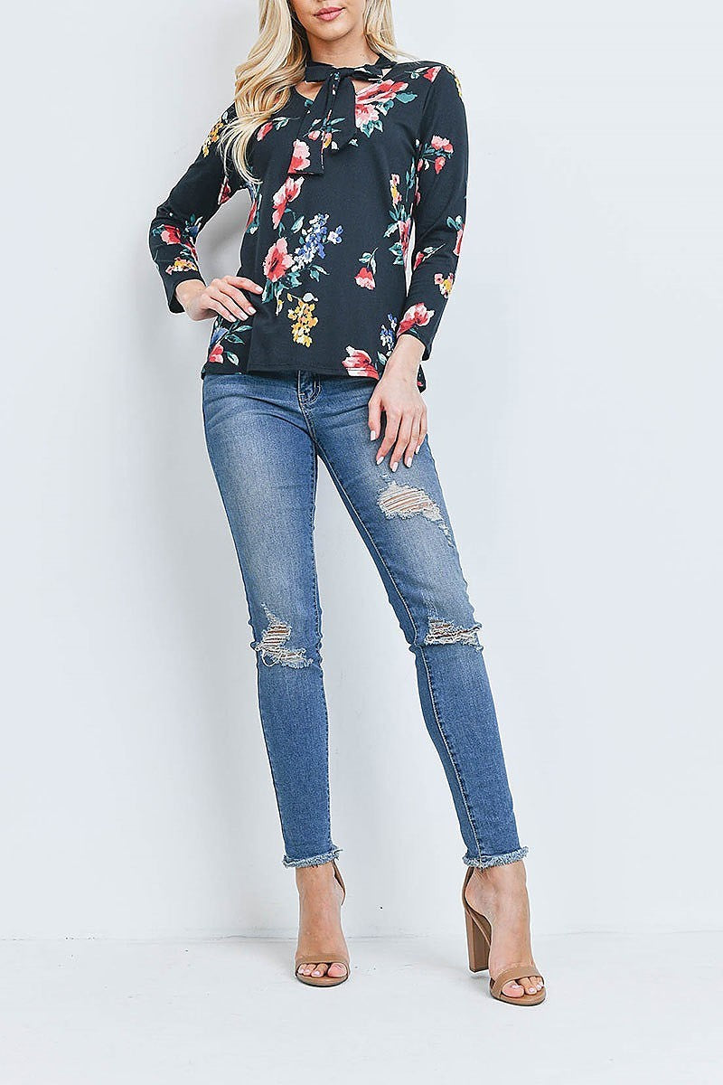 Tie neck detail floral print long sleeve top (EF2105)